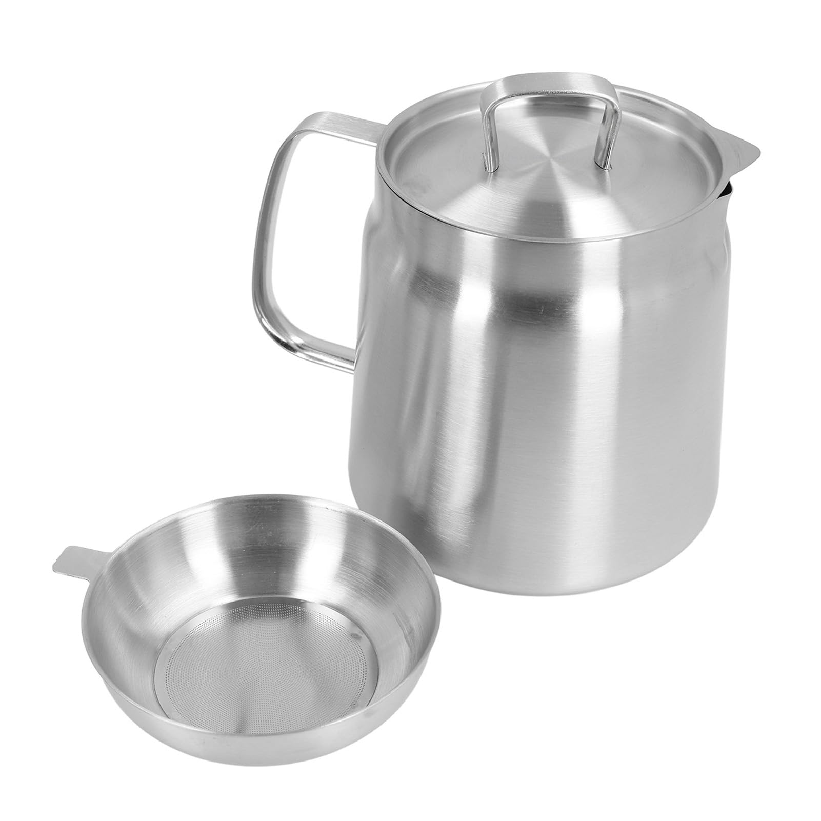 Stainless Steel Oil Filter Pot, Large Capacity Cooking Oil Container with Strainer, Handle, Infuser Spout, Multi Functional, Heavy Duty for Kitchen Camping (1.5L)
