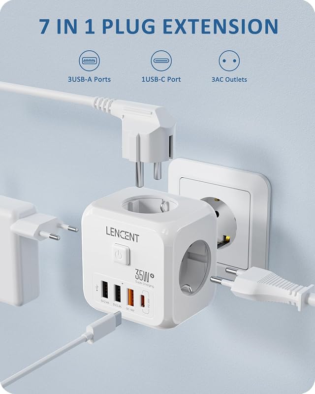 Lencent usb plug cube com carregamento rápido pd35w, ladron plug 4000w com 3 tomadas ca, 3 usb e 1 pd35w, multiple wall plug cube com interruptor, carregador usb para família, cozinha e escritório