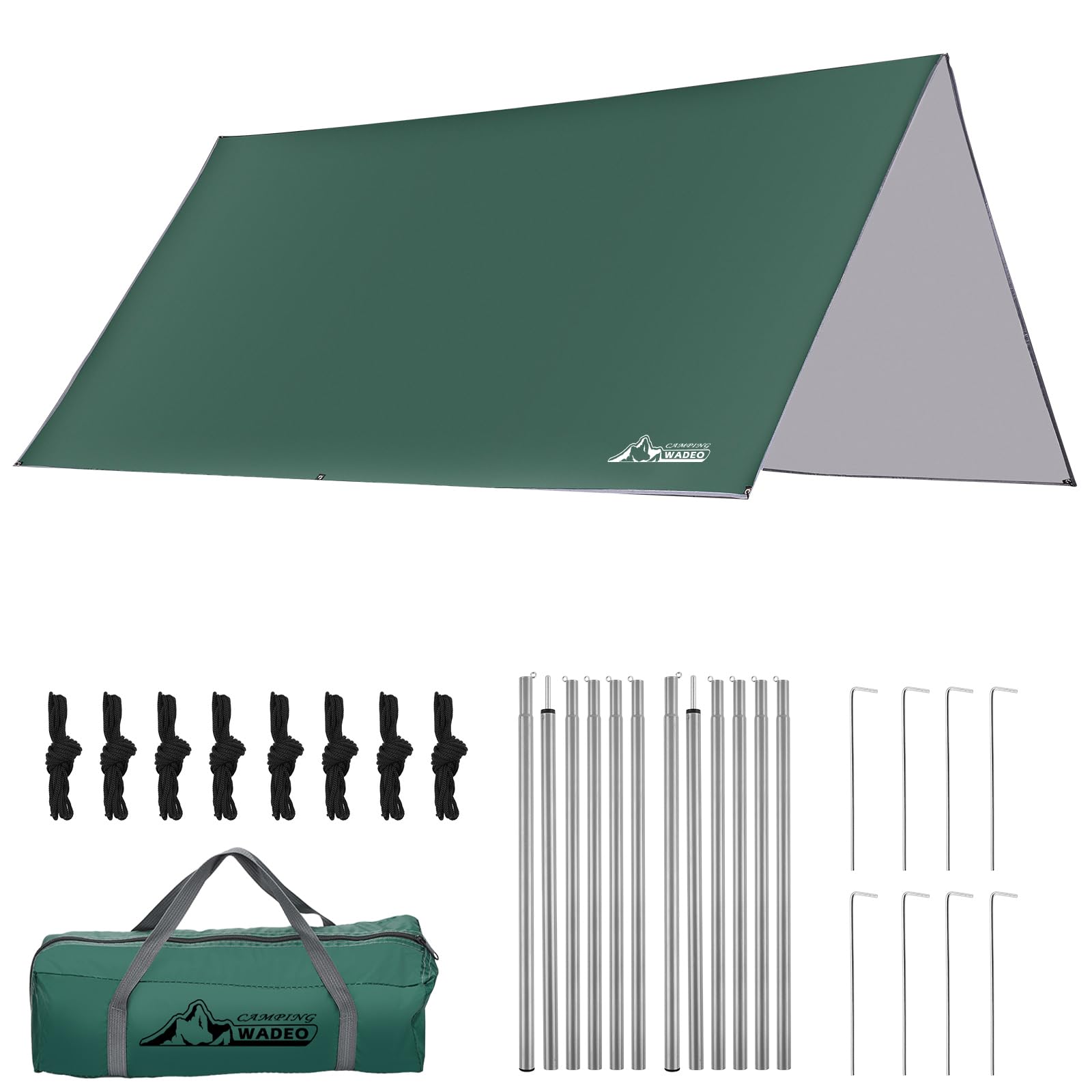 WADEO Tarp with Poles Kit, [3x3M/10×10FT] Waterproof Heavy-Duty, UV Protection, Sun & Rain Cover Tarp Shelter, Hammock Tent, perfect for Camping, Picnic, Beach, Festival, Garden