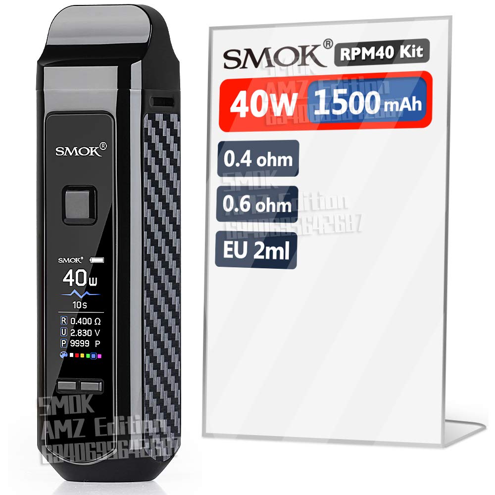 Official SMOK RPM40 1500mAh 40W E Cigarettes Starter Kit with Pod of 2ml Edition, Mesh 0.4phm, Real Pod Mod, Built-in IQ-R Chip Making Firing Time Down to 0.001S - No Nicotine (Bright Black)