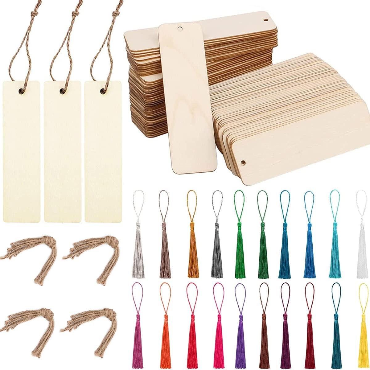 ZOCONE 108 PCS Bookmarks Set, 36 Wood + 36 Colorful Tassels + 36 Rope, Rectangle DIY Craft, 12 * 3.2CM