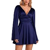 Parthea Women's Sexy Deep V Neck Long Sleeve Mini Satin Silk Dress Elegant Flowy Wedding Guest Party Short Dresses