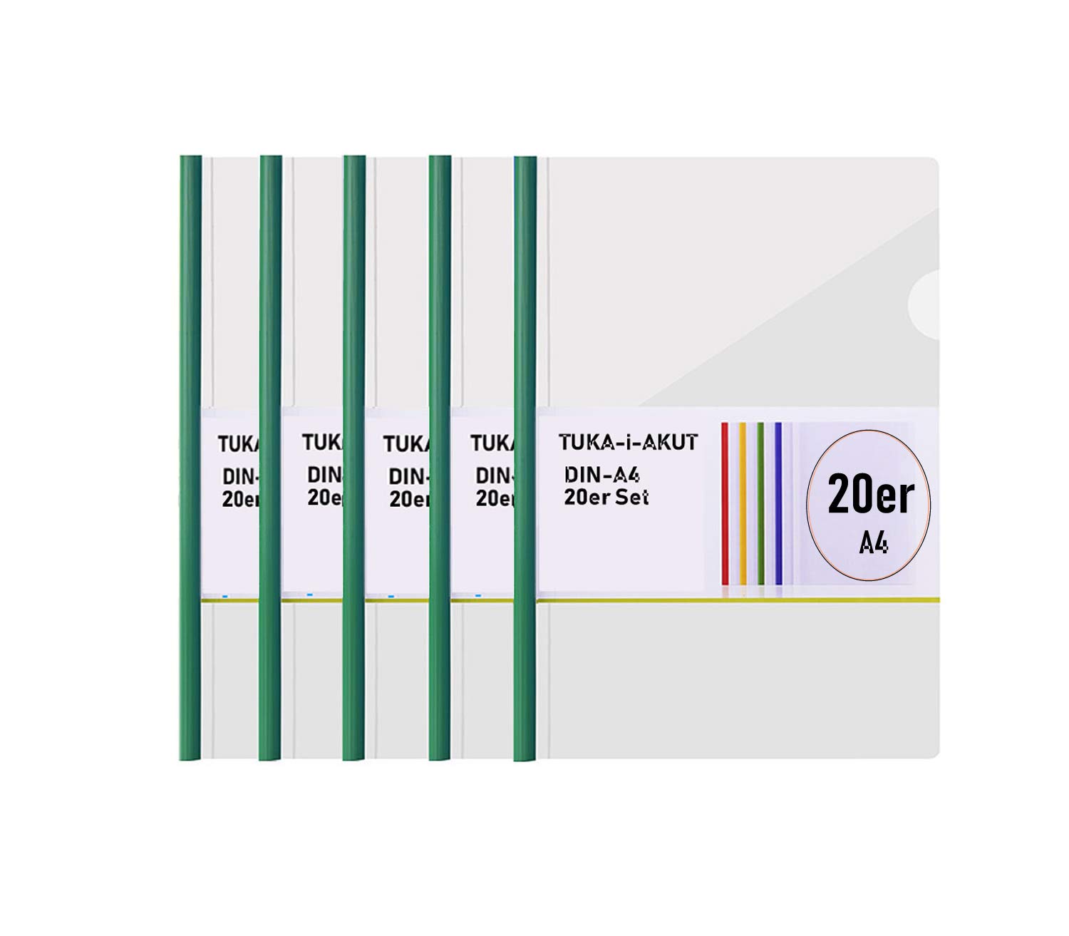 TUKA-i-AKUT 20pcs Clip Bar Files from PP Material, A4 Clear Report Cover Easy Clamping of Unpunched Documents, Clear Project Presentation Slide Binder Folders, 20er Set in Green, TKD8040-20x