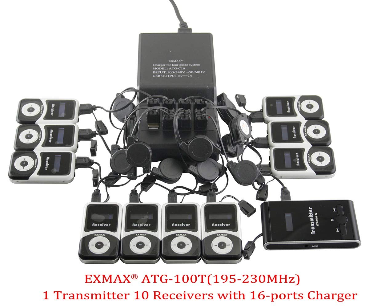 EXMAX® ATG-100T 195-230MHz Wireless Tour Guide System Voice Transmission Microphone Earphone Headset for Church Translation Silent Conference Travel Traning (1 Transmitter 10 Receivers Charging Base)