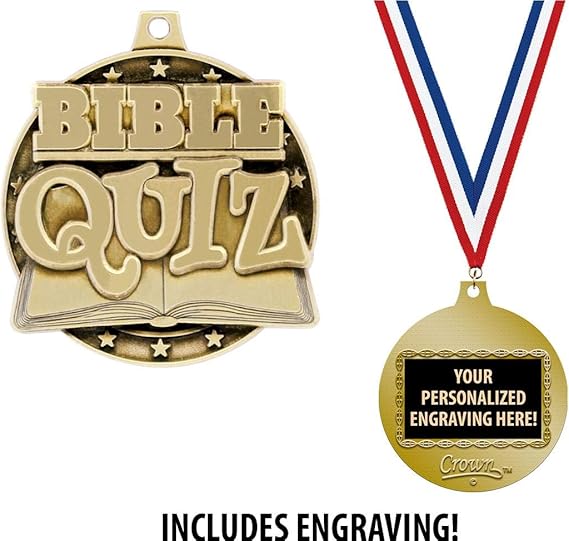 Bible Medals, 2" Gold Bible Quiz Medal Award with Free