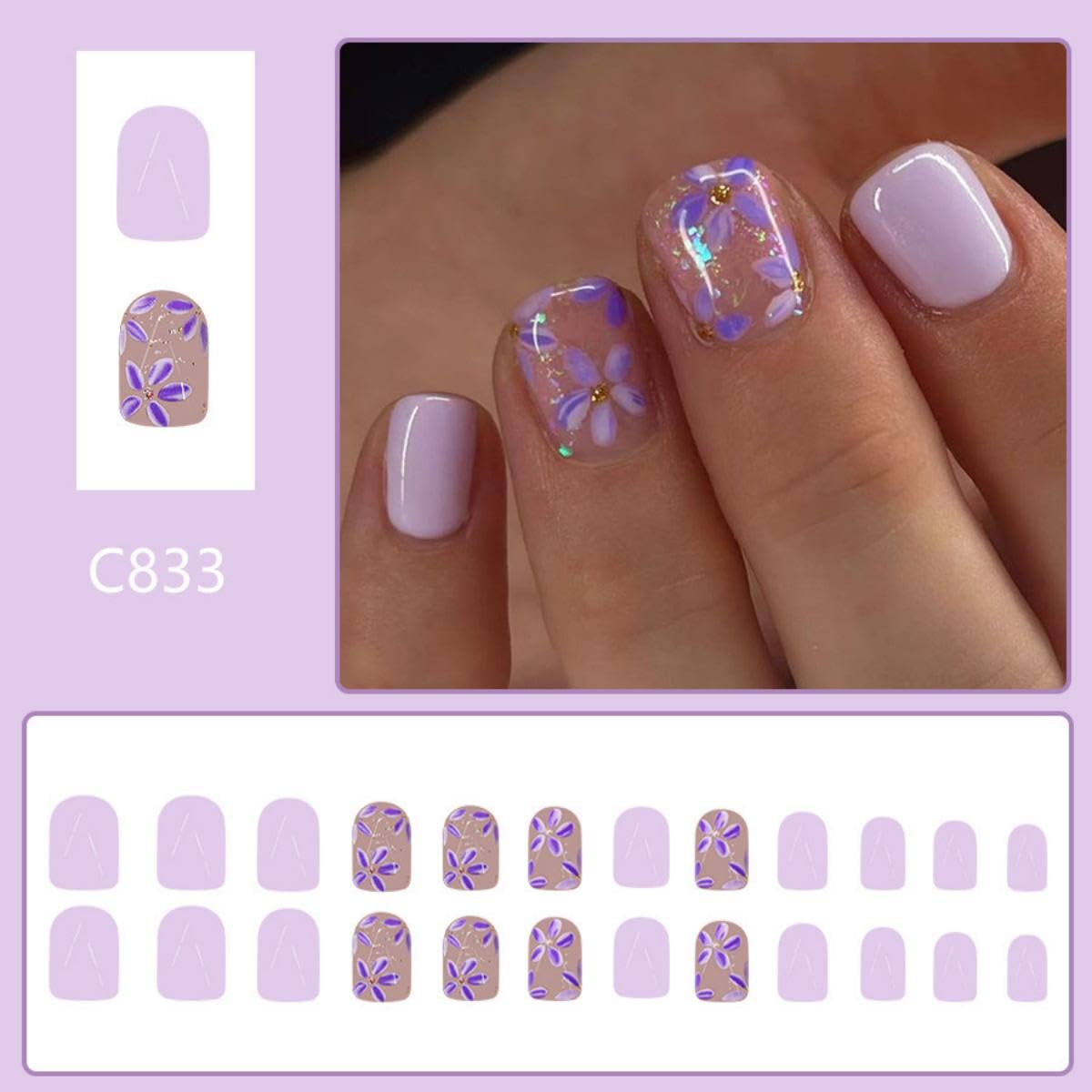 Purple Press on Nails Short Square Fake Nails with Lilac Flower Design Floral Glue on Nails Glossy Glitter Spring Nails Reusable Summer False Nails for Women Girls Daily Wear Manicure 24pcs - Image 2