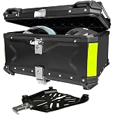 Aluminum Motorcycle Trunk Box, Universal 65L Waterproof Top Case with Security Lock for Helmet Luggage (Black)