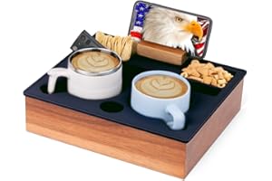 Hitseon Couch Cup Holder Tray, Portable Silicone Acacia Wooden Double Cup Holder for Couch, Sofa Tray with 360°Rotating Phone & Pad Holder, Anti-Spill TV Tray for Living Room Car Black