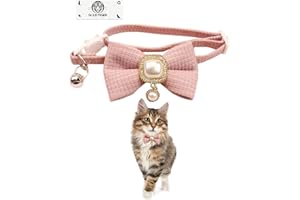 GoldTiger Vintage Pearl Pendant Bow Tie Cat Collar with Waffle Grid Design - Adjustable, Cotton, 4 Colors - Perfect for Parties