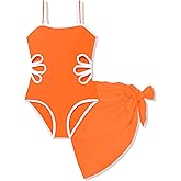 Klyatpxoen 7-16 Years Girls Swimsuit 2PCS Adjustable Straps Cut Out One Piece Bathing Suit with Solid Color Cover Up Skirt