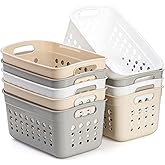 DEAYOU 9 Pack Plastic Storage Basket, Small Pantry Organizer Basket Bins, Rectangular Storage Tray Baskets Container with Handle for Shelf, Bathroom, Household, Desktop (Beige, White, Gray)
