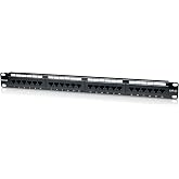 Intellinet 24-Port Cat5e Patch Panel, 1U Rackmount, 19-Inch, Black | UTP copper cabling hub for 22-26 AWG solid or stranded wire; 110/Krone punch-down, 19-inch fit, RJ45 ends | 513555
