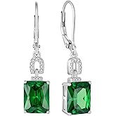 Inpasne Emerald Cut Earrings 925 Sterling Silver Baguette Birthstone Dangle Drop Leverback Earrings Jewelry Gifts for Women