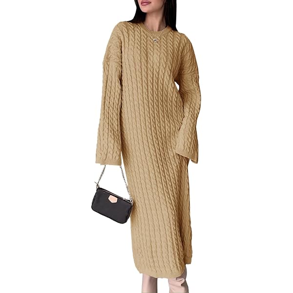 Aiwpstoin Women's Oversized Chunky Cable Knit Short Sweater Dress Long  Sleeve Crewneck Sweater Loose Knitted Dress (Khaki, S) at Amazon Women's  Clothing store