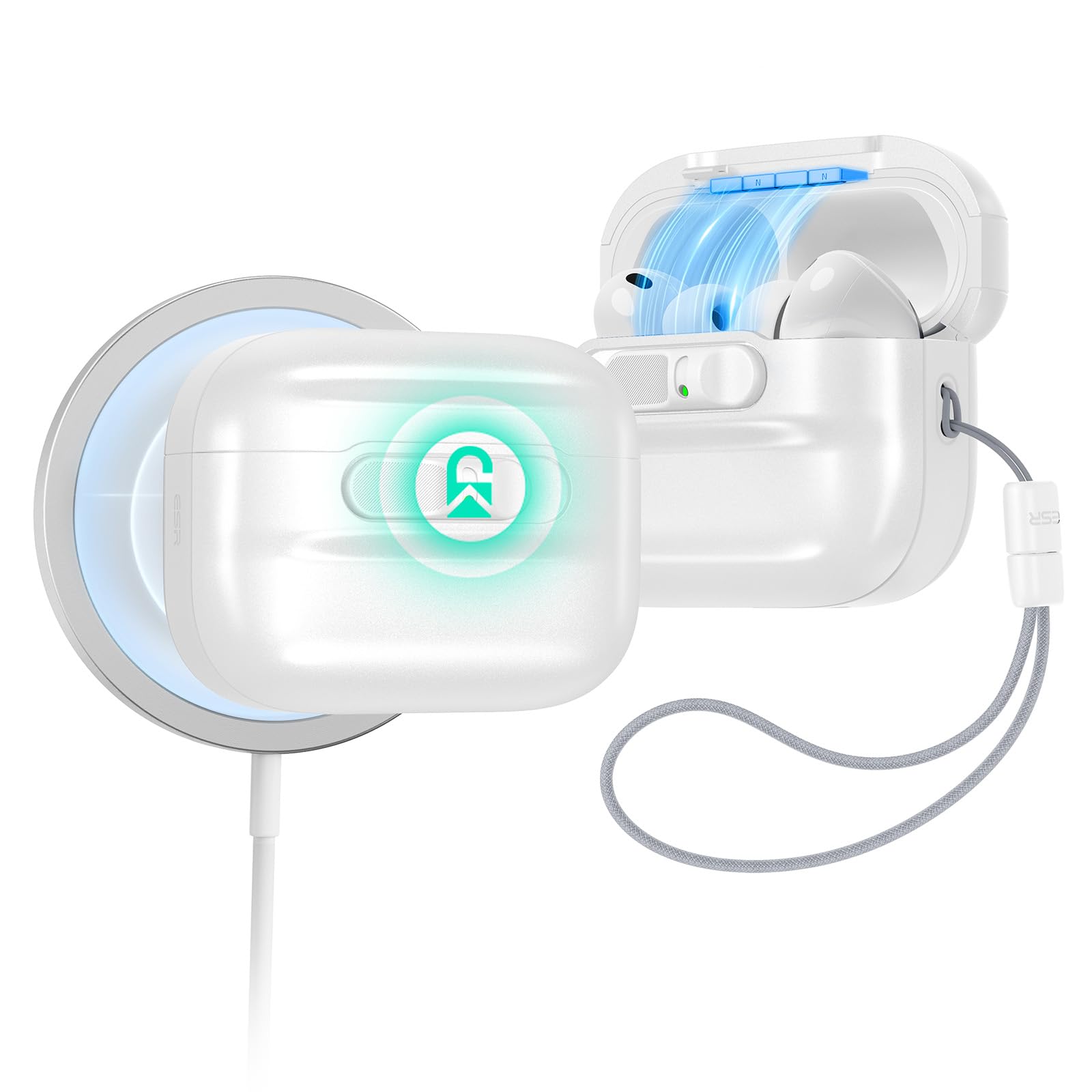 Photo 1 of ESR for AirPods Pro 3 Case (2025), Compatible with AirPods Pro 3 (USB-C Cable), MagSafe Ready, Magnetic Lid Lock, Full Drop Protection Cover with Lanyard, White