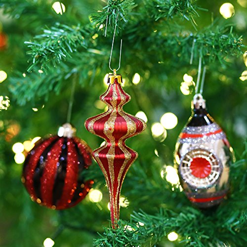 Valery Madelyn 50ct Trendy Red and Black Shatterproof Christmas Ball Ornaments Decoration, 70-165mm/2.75-6.49inch, 50 Pcs Metal Hooks Included, Themed with Tree Skirt(Not Included)