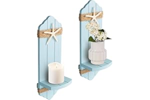 CEDARLUX Wall Candle Sconces Set of Two, Blue Wood Wall Candle Holder Decor, Farmhouse Wooden Candle Holder Wall Decorations for Fireplace, Hallway, Living Room, Bedroom