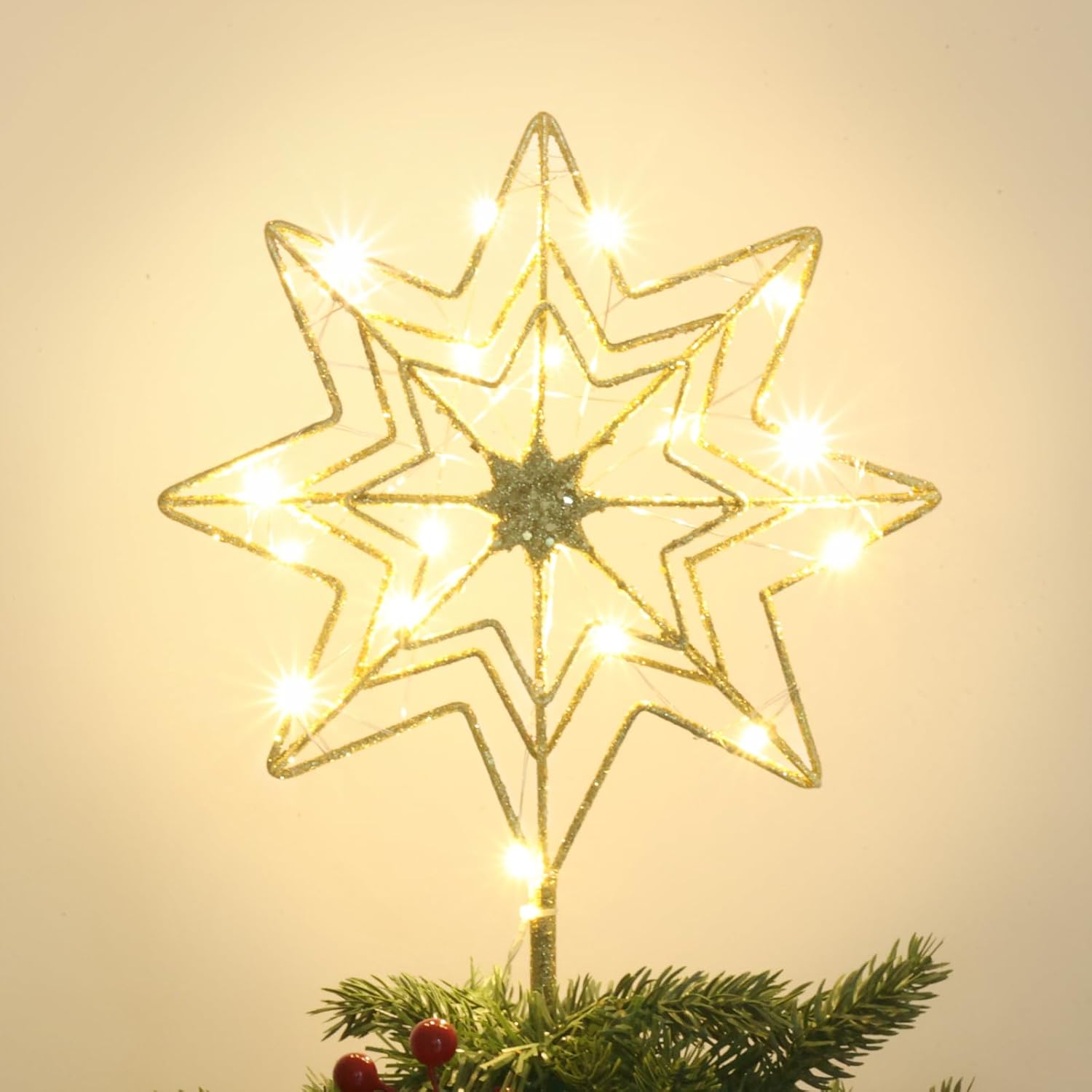 Tree Toppers - Christmas Tree Topper, hogardeck Gold 8-Pointed Star Tree Topper for Christmas Decor, 20 LED Timer Sparkling Tree Toppers for Christmas Tree Decorations for Indoor Home
