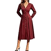 RIHOAS Women's A-Line Midi Work Dress, Button Down V-Neck Long Sleeve Business Casual Dress, Wine Red