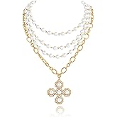 LILIE&WHITE Gothic Gold Cross Necklace For Women Pearl Layered Necklaces Trendy Boho Rhinestone Cross Pendant Necklace Halloween Chain Chunky Emo Necklaces Fashion Gothic Jewelry