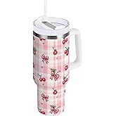 ARGTILDN Pink Cherry and Bow Pattern 40 oz Tumbler with Handle Straw Lid | Insulated Cup Reusable Stainless Steel Water Bottle Travel Mug Cupholder Friendly | Gifts for Women Men Him Her | Trek Colle