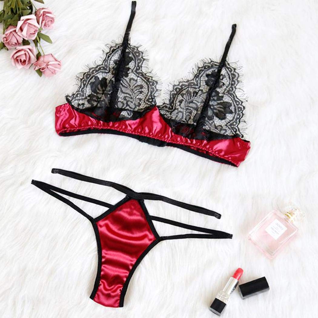 fercisi Women Lace Patchwork Lingerie Set Sexy V Neck Adjustable Spaghetti Strap Bra Brief Set Wine Red