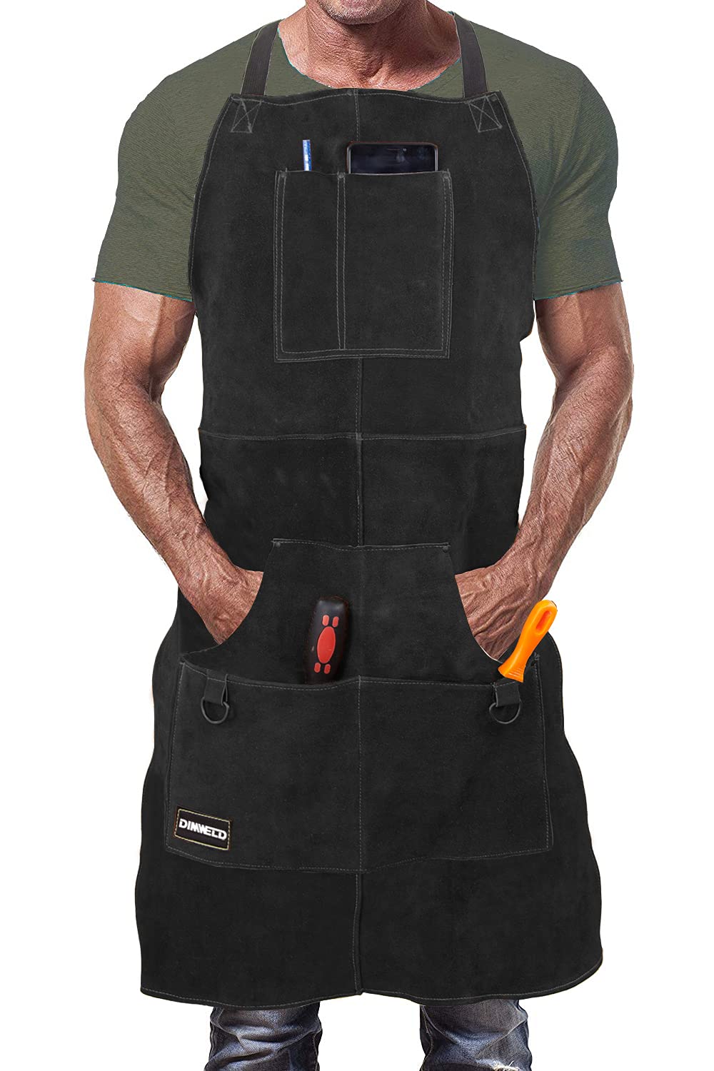 DIMWELD Welding Apron. Leather Apron. Leather Aprons for Men Workshop. Welders and Blacksmith Apron With 6 pockets for men. Heat and Flame Resistant Stitched in Kevlar - Dark Brown