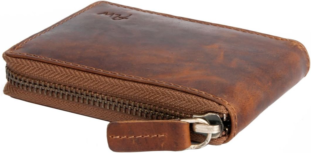 FLW Glazed genuine leather pocket sized wallet with metal zipper around, Tan - Image 3