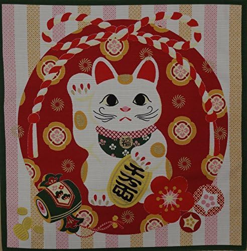 Furoshiki Wrapping Cloth Maneki Neko Beckonng Cat on Stripes Motif Japanese Fabric 50cm