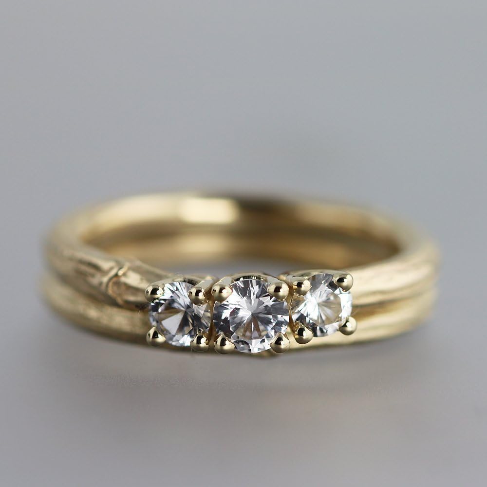 14k Yellow Gold and Sapphire Three Stone Twig Wedding Ring Set
