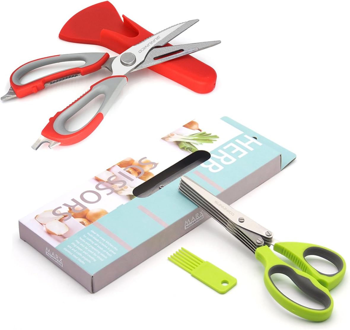 SUNUNICO Herb Scissors & Kitchen Shears Sets, Stainless Steel Multipurpose Shears with Cleaning Comb and Magnetic Holder (Red+Green)