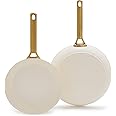 GreenPan Reserve Hard Anodized Healthy Ceramic Nonstick 10" and 12" Frying Pan Skillet Set, Gold Handle, PFAS-Free, Dishwasher Safe, Oven Safe, Cream White