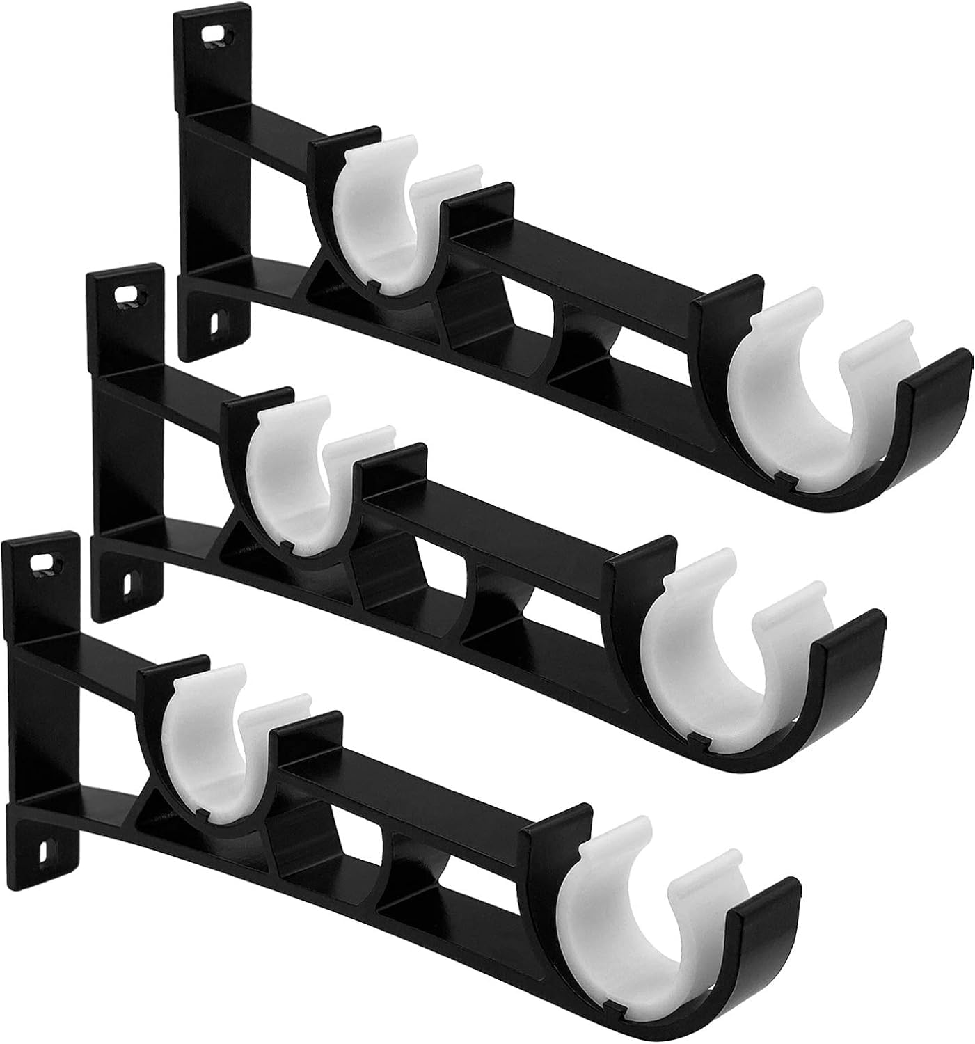 Double Curtain Pole Brackets, Heavy Duty Curtain Rod Brackets Pole Holder Rail Brackets for 25-28mm Pole, Black, 3 Pack