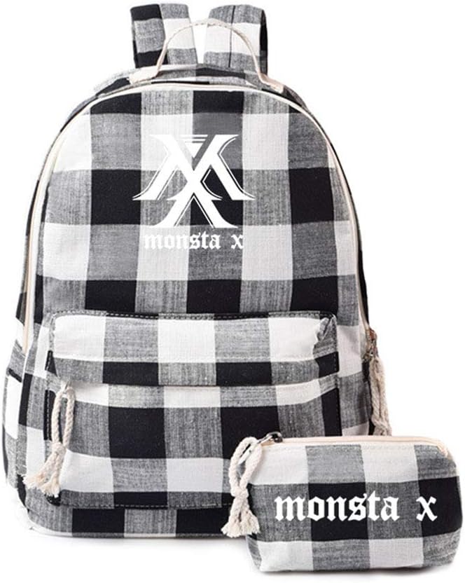 Kpop Monsta X Backpack School Bag Set Daypack and Pencil Case Gift Merchandise Laptop Bag College School Bookbag Travel School Canvas Bag IM WONHO Jooheon Shownu MINHYUK HYUNGWON YOOKIHYUN