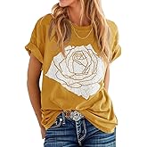 Womens Rose Graphic Tee T Shirt Loose Fit Summer Short Sleeve Casual Boyfriend Crew Neck Tops