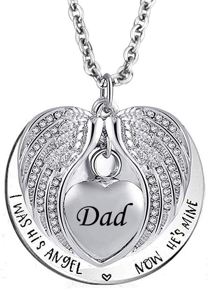 LovelyCharmsAngel Wings Heart Urn Necklace for Ashes Stainless Steel Keepsake Memorial Cremation (DAD)