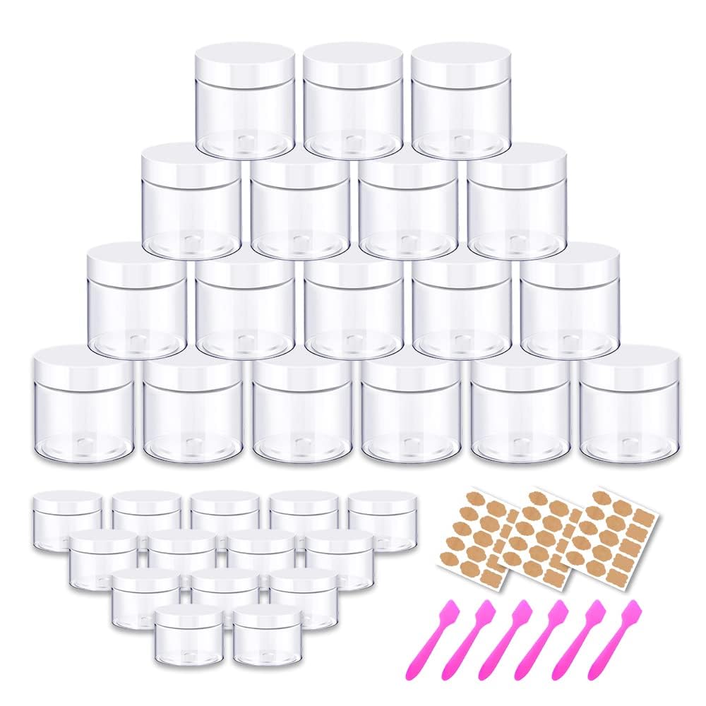 2oz 60ml Travel Pots with White Lids 24pcs + 24pcs 20g Small Travel Containers 48 Pack Clear Cosmetic Sample Containers for Cream, Body Butter, Eye Shadow,Rhinestone,Lip Scrub -Free Labels & Spatulas — image 1