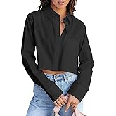 INFITTY Women's Button Down Cropped Shirts Long Sleeve Casual Crop Tops Loose Fit Cotton Lapel Blouse Fall