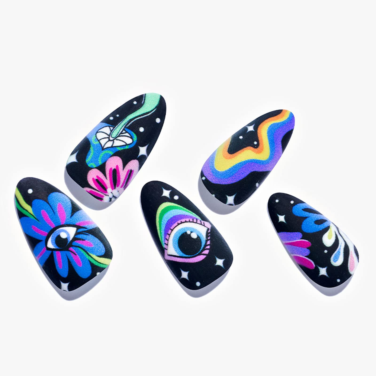 GLAMERMAID Press on Nails Medium Almond, Spring Summer Gothic Cute Cartoon Gel Glue on Nail, 24Pcs Matte Short Stiletto Reusable UV Finish Fake Nails Acrylic False Nails Manicure Kits for Women