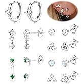 LOYALLOOK 925 Sterling Silver Earrings for Women Hypoallergenic 14K Gold Plated Stud Hoop Earring Stacks for Sensitive Ears Opal CZ Cartilage Stud Huggie Earring Sets for Multiple Piercing