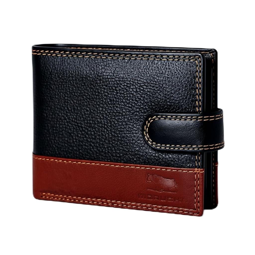 MORUCHA RFID Blocking Genuine Leather Wallet for Men – Slim Bifold Bull Leather Wallet with Coin Pocket, ID Window, 8 Card Slots – Premium Black/Brown Luxury Gift Box (Model #M75)