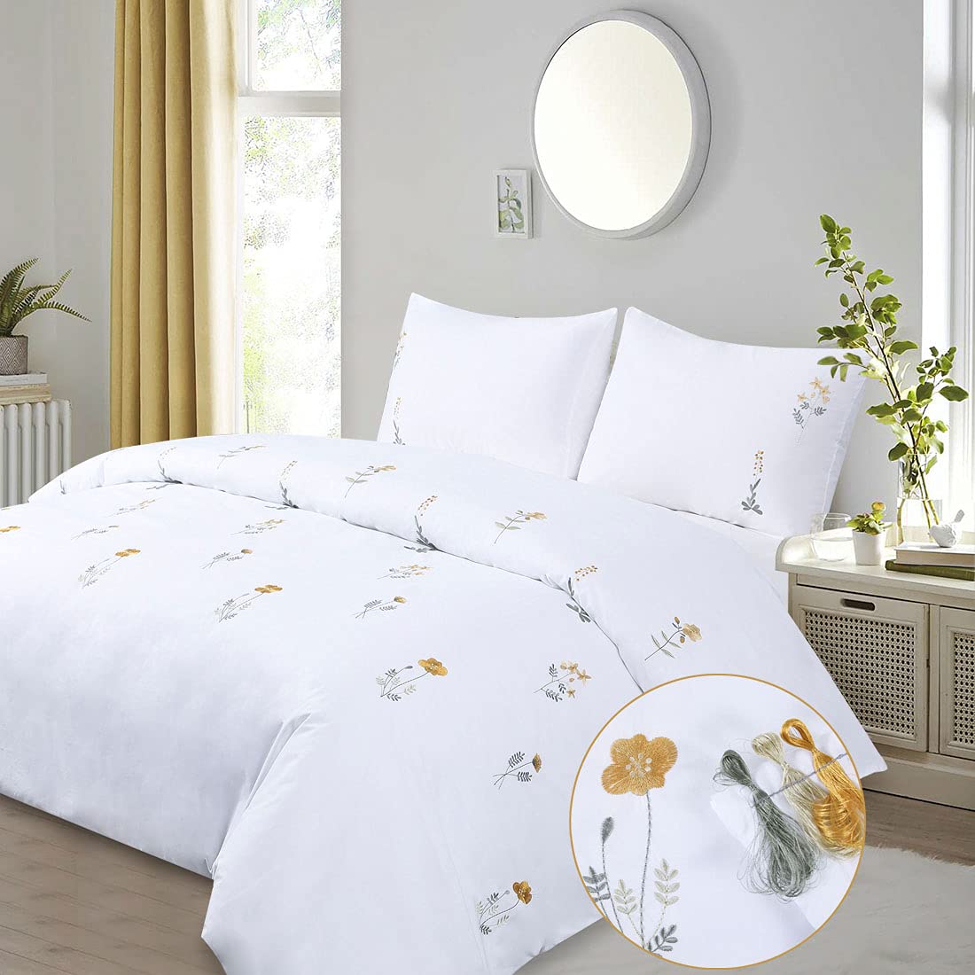 Chlophy Double Bedding Set Duvet Cover Sets White Yellow Floral Embroidered Flower Girls Cottagecore Elegant Botanical Wildflower French Country Cottage Fresh Summer Blossom