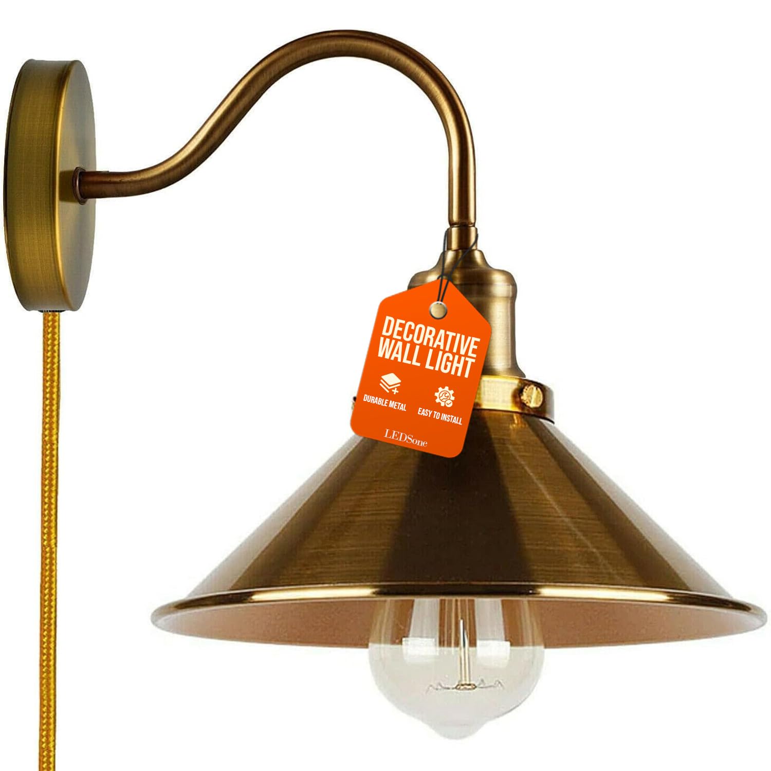 LEDSone Industrial Brass Swan Neck Wall Light – Vintage Hardwired Metal Wall Sconce with Cone Shade, E27 Indoor Lighting for Living Room & Kitchen (Yellow Brass) — image 1
