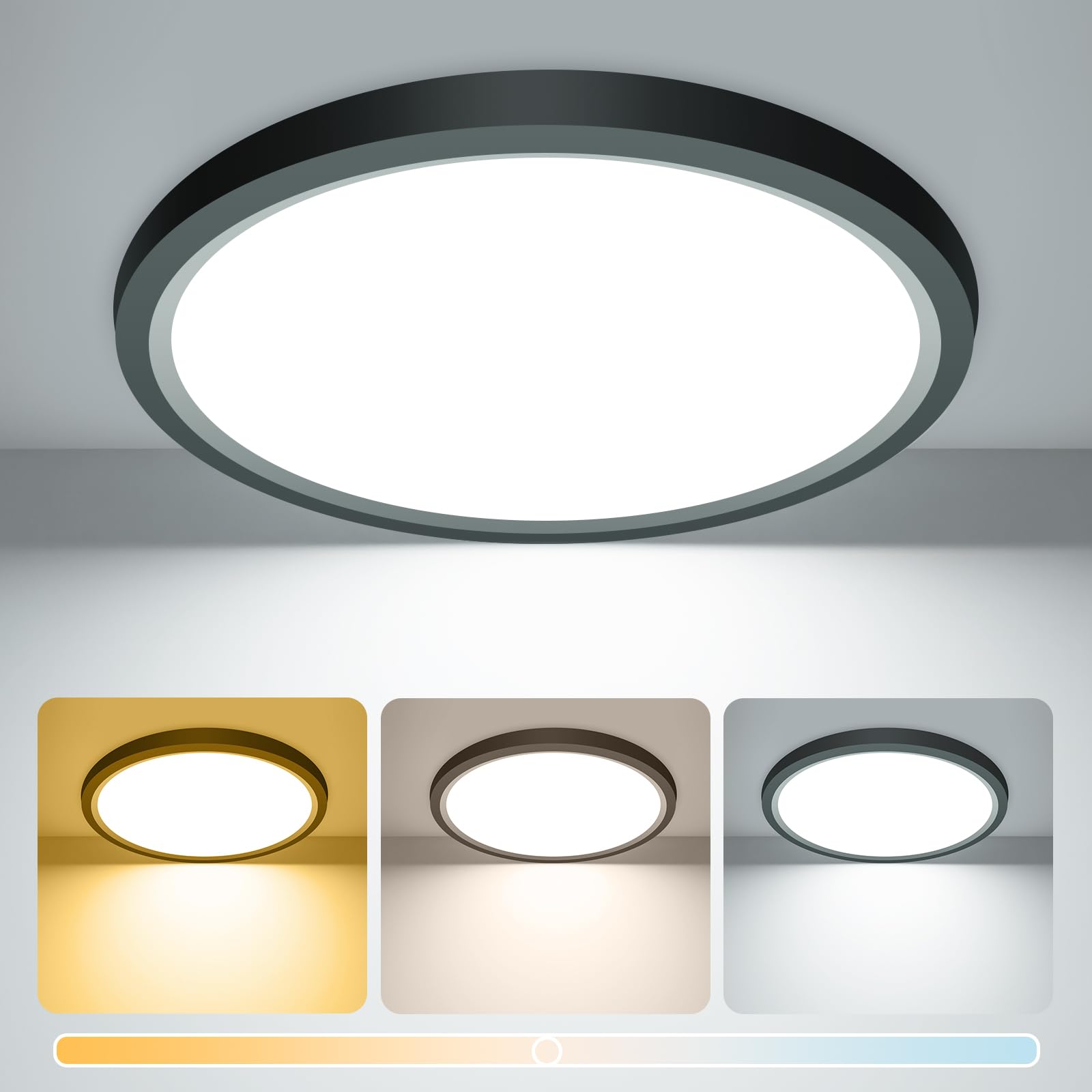 zemty 15W 1800LM LED Ceiling Light, Bathroom Lights Ceiling 3000K/4000K/6500K, IP44 Waterproof, 18cm Ultra Thin Round Black Flush Ceiling Light for Bedroom,Kitchen, Living Room,Toilet,Utility Room