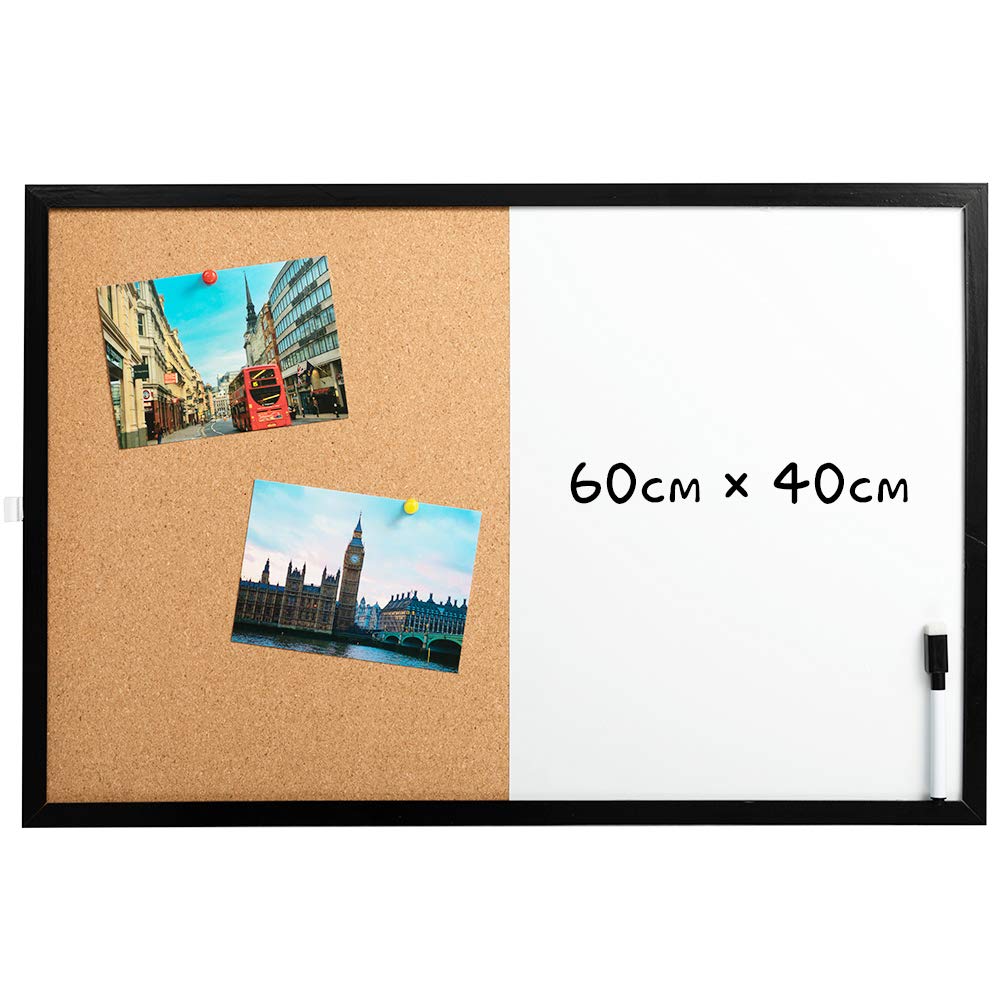 DOEWORKS 60 x 40cm Magnetic Whiteboard & Cork Board Combo Board, Wall Mounted Hanging Notice Board, Dry Erase and Bulletin Combination Board with Black Wood Frame