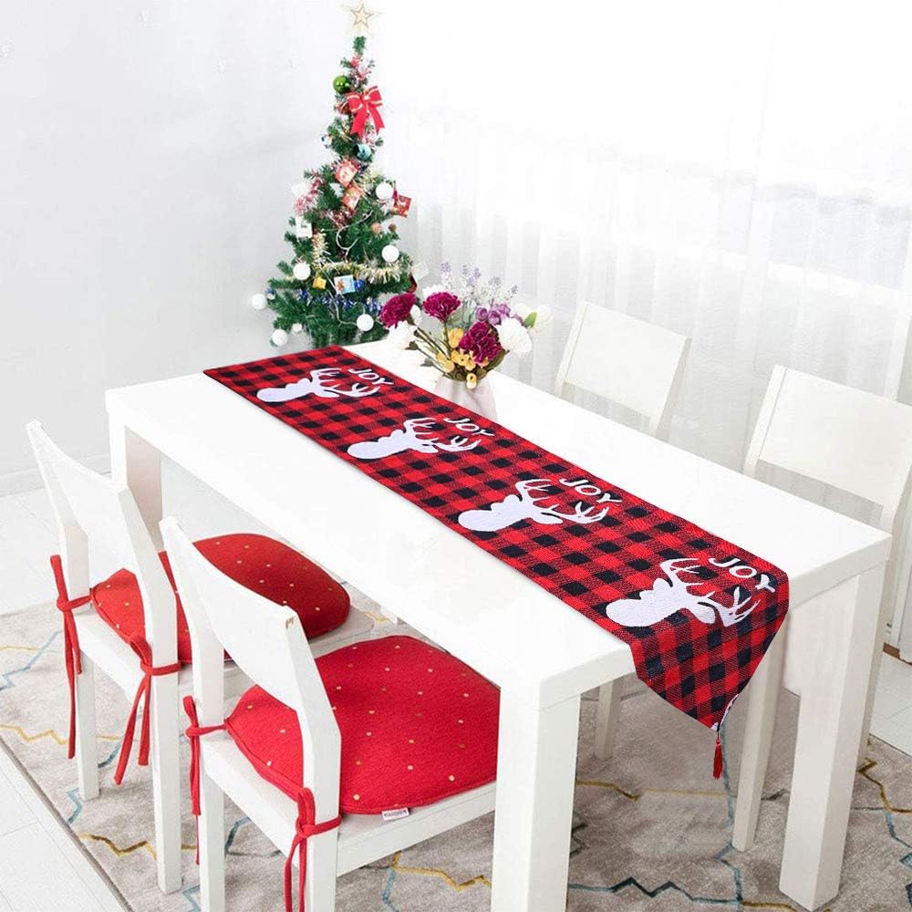 Christmas Table Runner,Red Reindeer Cotton Buffalo Red Black Plaid