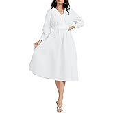 LUXEBOLD Women's Long Sleeve V Neck Maxi Dress Striped Casual Flowy A-line Mid Dress Elastic Waist Long Dresses with Pockets