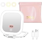 FUNTOUCH Rechargeable Travel Makeup Mirror, 30X/1X Rechargeable Double Sides Magnifying Mirror with 3 Light Settings & Adjustable Brightness,Compact Mirror with PU Bag Valentine's Day Gift, White