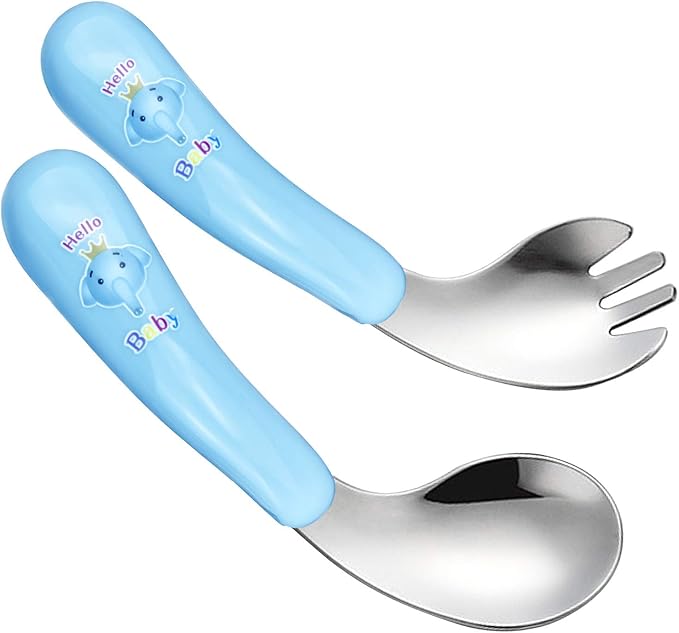 cococity Curved Baby Spoon&Fork Stainless Steel, Training SelfFeeding