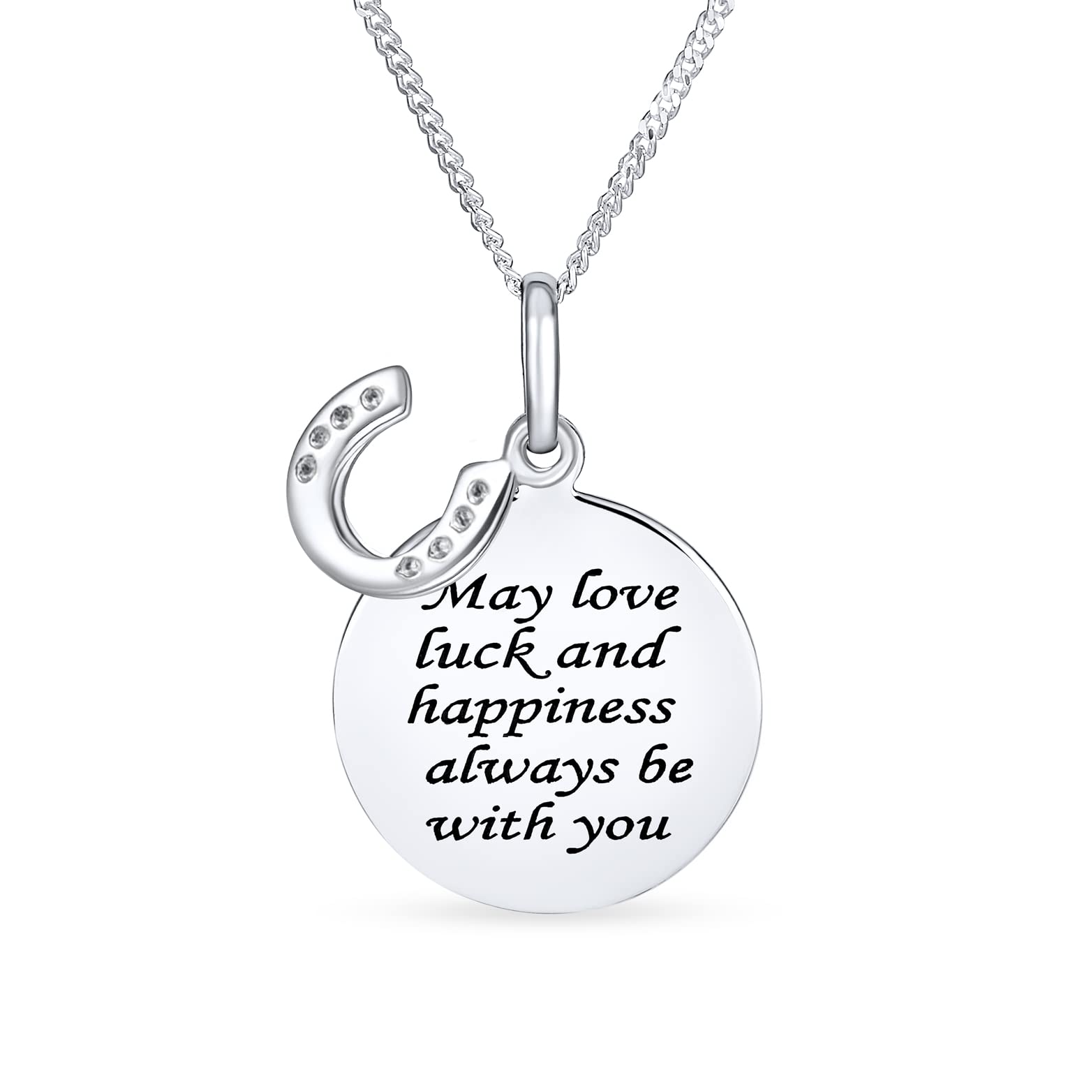 Personalized Round Disc Equestrian Inspirational Saying Quote CZ Horseshoe Pendant Necklace Western Jewelry For Women Teens .925 Sterling Silver Customizable — image 1